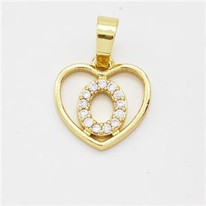 Copper Heart Pendant Pave Zirconia Letter-O Gold Plated, approx 16mm [FN44166]