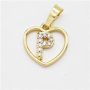 Copper Heart Pendant Pave Zirconia Letter-P Gold Plated, approx 16mm [FN44167]
