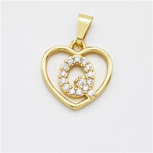Copper Heart Pendant Pave Zirconia Letter-Q Gold Plated, approx 16mm [FN44168]