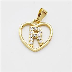 Copper Heart Pendant Pave Zirconia Letter-R Gold Plated, approx 16mm [FN44169]