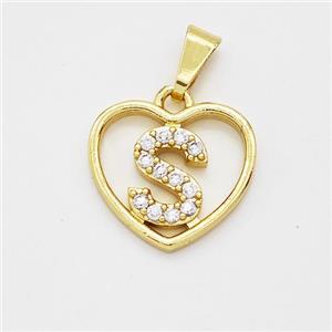Copper Heart Pendant Pave Zirconia Letter-S Gold Plated, approx 16mm [FN44170]