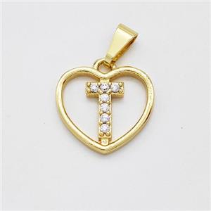 Copper Heart Pendant Pave Zirconia Letter-T Gold Plated, approx 16mm [FN44171]