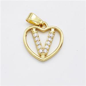 Copper Heart Pendant Pave Zirconia Letter-V Gold Plated, approx 16mm [FN44173]