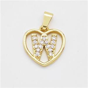 Copper Heart Pendant Pave Zirconia Letter-W Gold Plated, approx 16mm [FN44174]