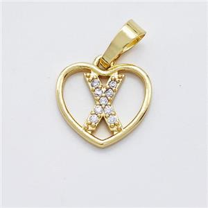 Copper Heart Pendant Pave Zirconia Letter-X Gold Plated, approx 16mm [FN44175]
