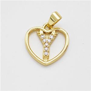 Copper Heart Pendant Pave Zirconia Letter-Y Gold Plated, approx 16mm [FN44176]