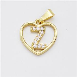 Copper Heart Pendant Pave Zirconia Letter-Z Gold Plated, approx 16mm [FN44177]