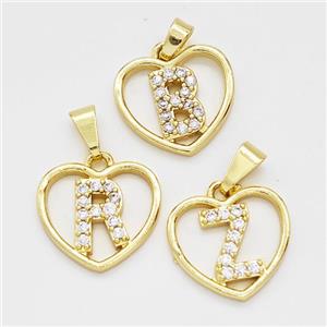 Copper Heart Alphabet Pendant Pave Zirconia Mix Letters Gold Plated, approx 16mm [FN44178]