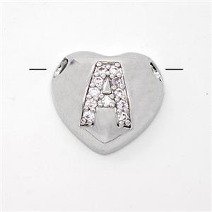 Copper Heart Pendant Pave Zirconia Letter-A Large Hole Platinum Plated, approx 16mm, 3mm hole [FN44179]