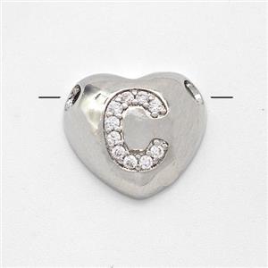 Copper Heart Pendant Pave Zirconia Letter-C Large Hole Platinum Plated, approx 16mm, 3mm hole [FN44181]