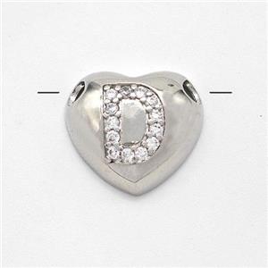 Copper Heart Pendant Pave Zirconia Letter-D Large Hole Platinum Plated, approx 16mm, 3mm hole [FN44182]