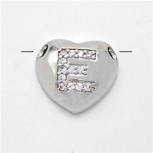 Copper Heart Pendant Pave Zirconia Letter-E Large Hole Platinum Plated, approx 16mm, 3mm hole [FN44183]