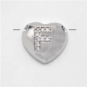 Copper Heart Pendant Pave Zirconia Letter-F Large Hole Platinum Plated, approx 16mm, 3mm hole [FN44184]