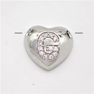 Copper Heart Pendant Pave Zirconia Letter-G Large Hole Platinum Plated, approx 16mm, 3mm hole [FN44185]