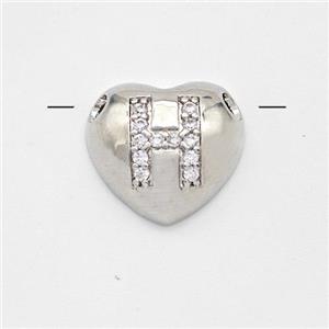 Copper Heart Pendant Pave Zirconia Letter-H Large Hole Platinum Plated, approx 16mm, 3mm hole [FN44186]