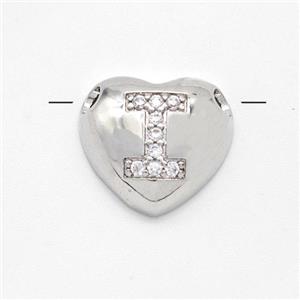 Copper Heart Pendant Pave Zirconia Letter-I Large Hole Platinum Plated, approx 16mm, 3mm hole [FN44187]