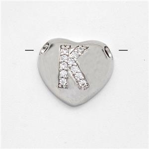 Copper Heart Pendant Pave Zirconia Letter-K Large Hole Platinum Plated, approx 16mm, 3mm hole [FN44189]