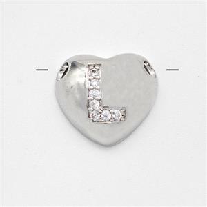Copper Heart Pendant Pave Zirconia Letter-L Large Hole Platinum Plated, approx 16mm, 3mm hole [FN44190]