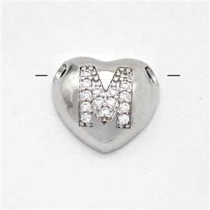 Copper Heart Pendant Pave Zirconia Letter-M Large Hole Platinum Plated, approx 16mm, 3mm hole [FN44191]
