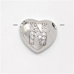 Copper Heart Pendant Pave Zirconia Letter-N Large Hole Platinum Plated, approx 16mm, 3mm hole [FN44192]