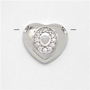 Copper Heart Pendant Pave Zirconia Letter-O Large Hole Platinum Plated, approx 16mm, 3mm hole [FN44193]