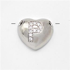 Copper Heart Pendant Pave Zirconia Letter-P Large Hole Platinum Plated, approx 16mm, 3mm hole [FN44194]
