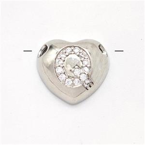 Copper Heart Pendant Pave Zirconia Letter-Q Large Hole Platinum Plated, approx 16mm, 3mm hole [FN44195]