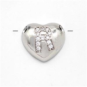 Copper Heart Pendant Pave Zirconia Letter-R Large Hole Platinum Plated, approx 16mm, 3mm hole [FN44196]