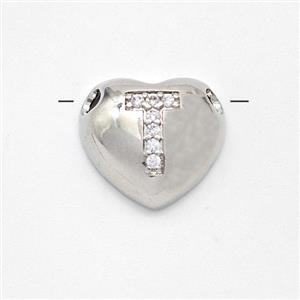Copper Heart Pendant Pave Zirconia Letter-T Large Hole Platinum Plated, approx 16mm, 3mm hole [FN44198]