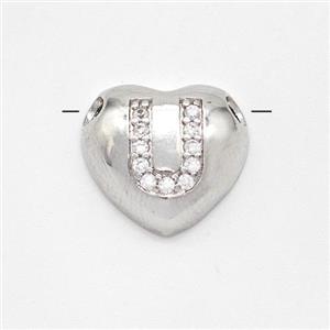 Copper Heart Pendant Pave Zirconia Letter-U Large Hole Platinum Plated, approx 16mm, 3mm hole [FN44199]