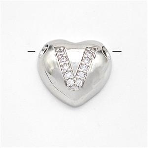Copper Heart Pendant Pave Zirconia Letter-V Large Hole Platinum Plated, approx 16mm, 3mm hole [FN44200]