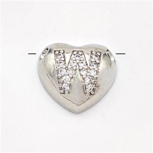 Copper Heart Pendant Pave Zirconia Letter-W Large Hole Platinum Plated, approx 16mm, 3mm hole [FN44201]