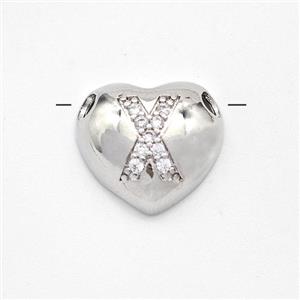 Copper Heart Pendant Pave Zirconia Letter-X Large Hole Platinum Plated, approx 16mm, 3mm hole [FN44202]