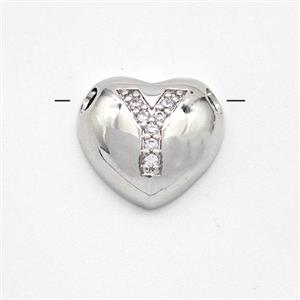 Copper Heart Pendant Pave Zirconia Letter-Y Large Hole Platinum Plated, approx 16mm, 3mm hole [FN44203]