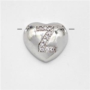 Copper Heart Pendant Pave Zirconia Letter-Z Large Hole Platinum Plated, approx 16mm, 3mm hole [FN44204]