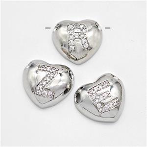 Copper Heart Alphabet Pendant Pave Zirconia Mixed Letters Large Hole Platinum Plated, approx 16mm, 3mm hole [FN44205]