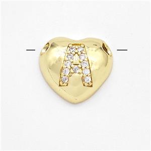 Copper Heart Pendant Pave Zirconia Letter-A Large Hole Gold Plated, approx 16mm, 3mm hole [FN44206]