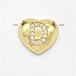 Copper Heart Pendant Pave Zirconia Letter-D Large Hole Gold Plated, approx 16mm, 3mm hole [FN44209]