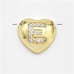 Copper Heart Pendant Pave Zirconia Letter-E Large Hole Gold Plated, approx 16mm, 3mm hole [FN44210]