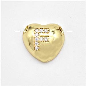 Copper Heart Pendant Pave Zirconia Letter-F Large Hole Gold Plated, approx 16mm, 3mm hole [FN44211]