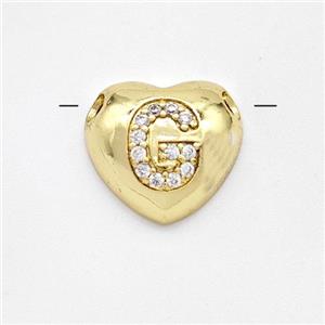 Copper Heart Pendant Pave Zirconia Letter-G Large Hole Gold Plated, approx 16mm, 3mm hole [FN44212]