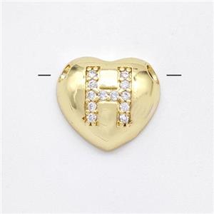 Copper Heart Pendant Pave Zirconia Letter-H Large Hole Gold Plated, approx 16mm, 3mm hole [FN44213]