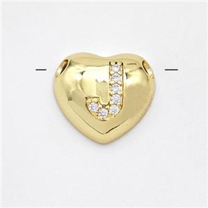 Copper Heart Pendant Pave Zirconia Letter-J Large Hole Gold Plated, approx 16mm, 3mm hole [FN44215]