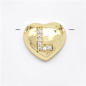 Copper Heart Pendant Pave Zirconia Letter-L Large Hole Gold Plated, approx 16mm, 3mm hole [FN44217]