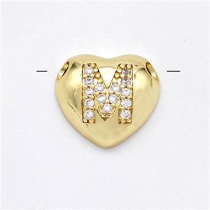 Copper Heart Pendant Pave Zirconia Letter-M Large Hole Gold Plated, approx 16mm, 3mm hole [FN44218]