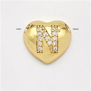 Copper Heart Pendant Pave Zirconia Letter-N Large Hole Gold Plated, approx 16mm, 3mm hole [FN44219]