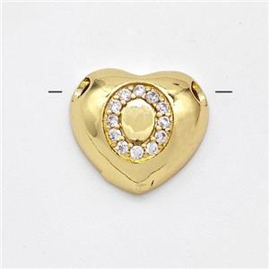 Copper Heart Pendant Pave Zirconia Letter-O Large Hole Gold Plated, approx 16mm, 3mm hole [FN44220]