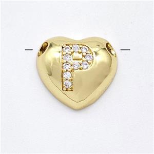 Copper Heart Pendant Pave Zirconia Letter-P Large Hole Gold Plated, approx 16mm, 3mm hole [FN44221]