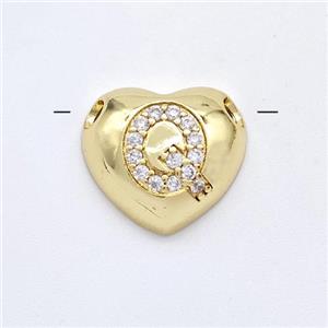 Copper Heart Pendant Pave Zirconia Letter-Q Large Hole Gold Plated, approx 16mm, 3mm hole [FN44222]