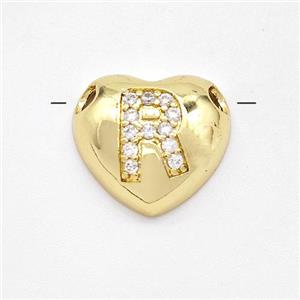 Copper Heart Pendant Pave Zirconia Letter-R Large Hole Gold Plated, approx 16mm, 3mm hole [FN44223]